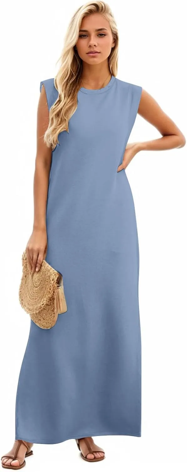 Long Maxi Dresses for Women Summer Casual Dress Crewneck Sleeveless Sundress Loose Fit Split Beach Dress with Pocket