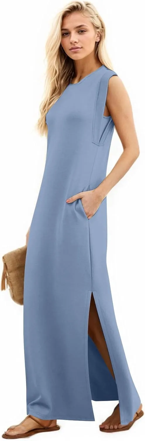 Long Maxi Dresses for Women Summer Casual Dress Crewneck Sleeveless Sundress Loose Fit Split Beach Dress with Pocket