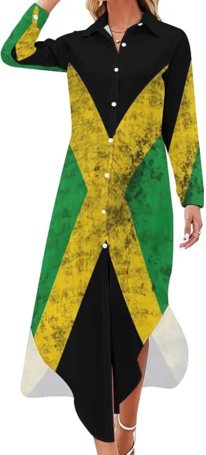 Long Sleeved Shirt Dress Skirts for Womens Summer Top Jamaica Flag Casual V Neck Shift Dress 6XL