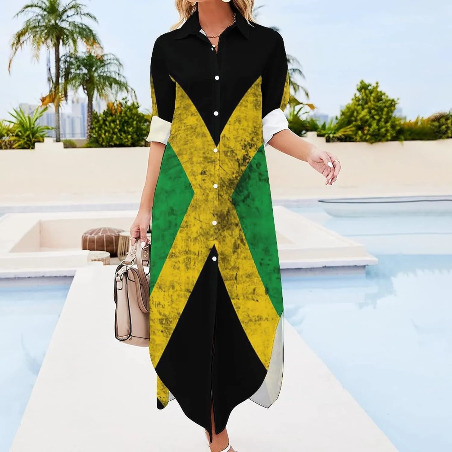 Long Sleeved Shirt Dress Skirts for Womens Summer Top Jamaica Flag Casual V Neck Shift Dress 6XL