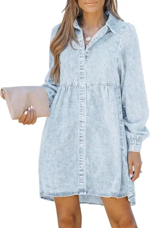 LookbookStore Long Sleeve Denim Dress for Women Jean Dress Button Down Casual Babydoll Denim Shirt Dress
