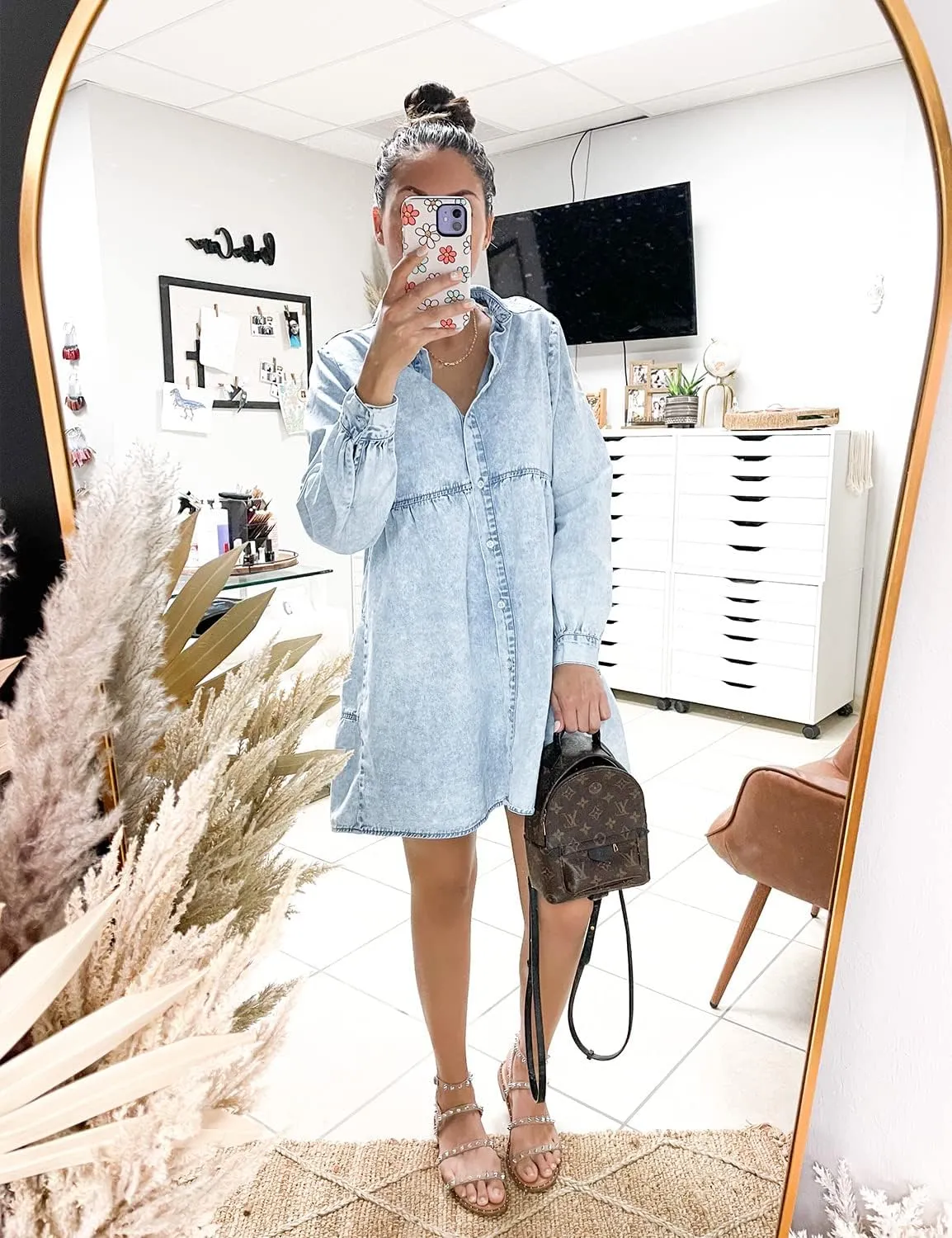 LookbookStore Long Sleeve Denim Dress for Women Jean Dress Button Down Casual Babydoll Denim Shirt Dress