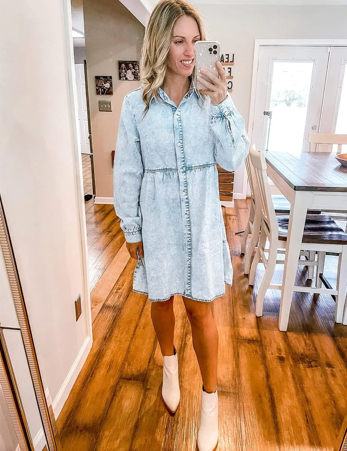 LookbookStore Long Sleeve Denim Dress for Women Jean Dress Button Down Casual Babydoll Denim Shirt Dress