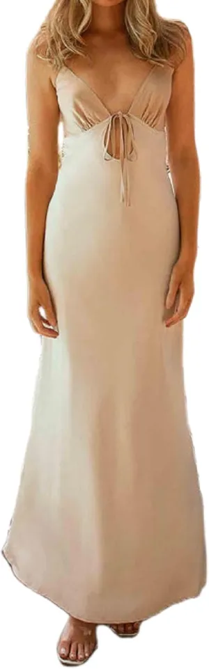 Luckinbaby Women Y2k Spaghetti Strap Maxi Dress V Neck Tie Front Cutout Long Cami Dress Backless Party Wedding Dress