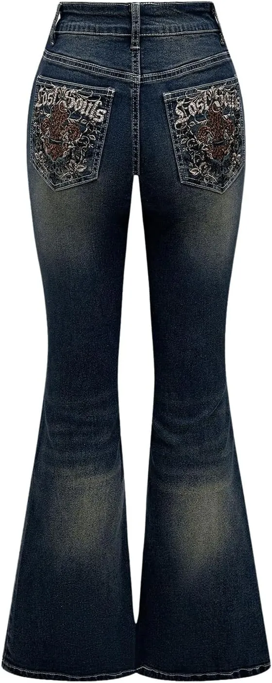 MakeMeChic Women's Bell Bottom Jeans Flare Jeans Embroidered Y2K High Waist Pants