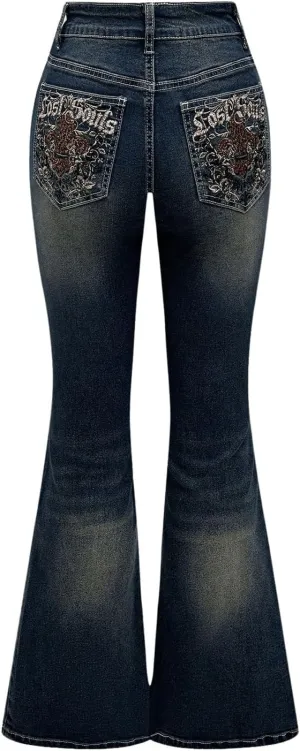 MakeMeChic Women's Bell Bottom Jeans Flare Jeans Embroidered Y2K High Waist Pants