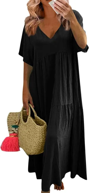 Maxi Dresses for Women 2025 Plus Size Short Sleeve V Neck Summer Boho Linen Dress Lightweight Flowy Vacation Beach Dress