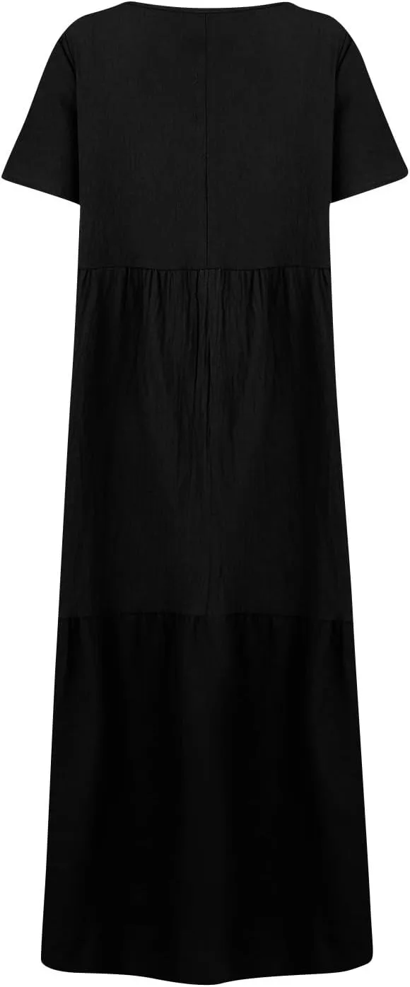 Maxi Dresses for Women 2025 Plus Size Short Sleeve V Neck Summer Boho Linen Dress Lightweight Flowy Vacation Beach Dress