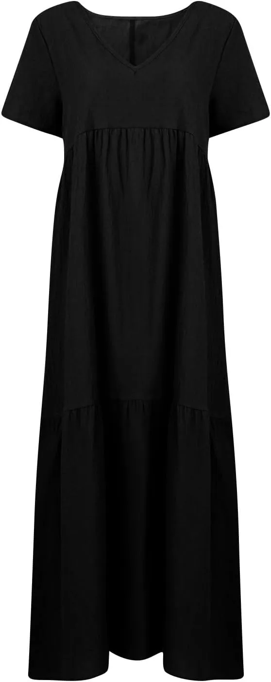 Maxi Dresses for Women 2025 Plus Size Short Sleeve V Neck Summer Boho Linen Dress Lightweight Flowy Vacation Beach Dress