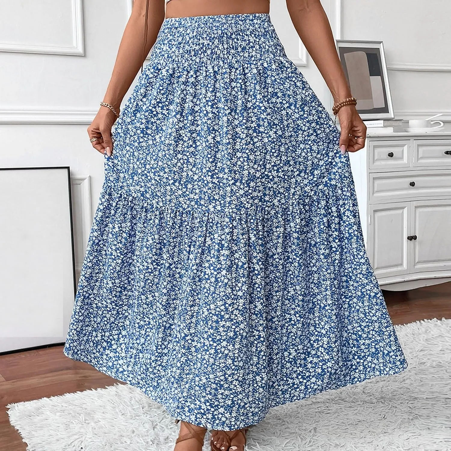 Maxi Skirts for Women with Pockets 2025 Summer Long High Elastic Waist Boho Flowy Ruffle A-Line Midi Length Floral Skirt