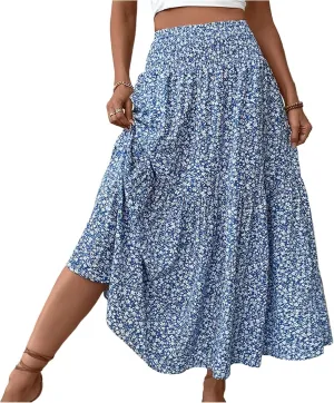 Maxi Skirts for Women with Pockets 2025 Summer Long High Elastic Waist Boho Flowy Ruffle A-Line Midi Length Floral Skirt