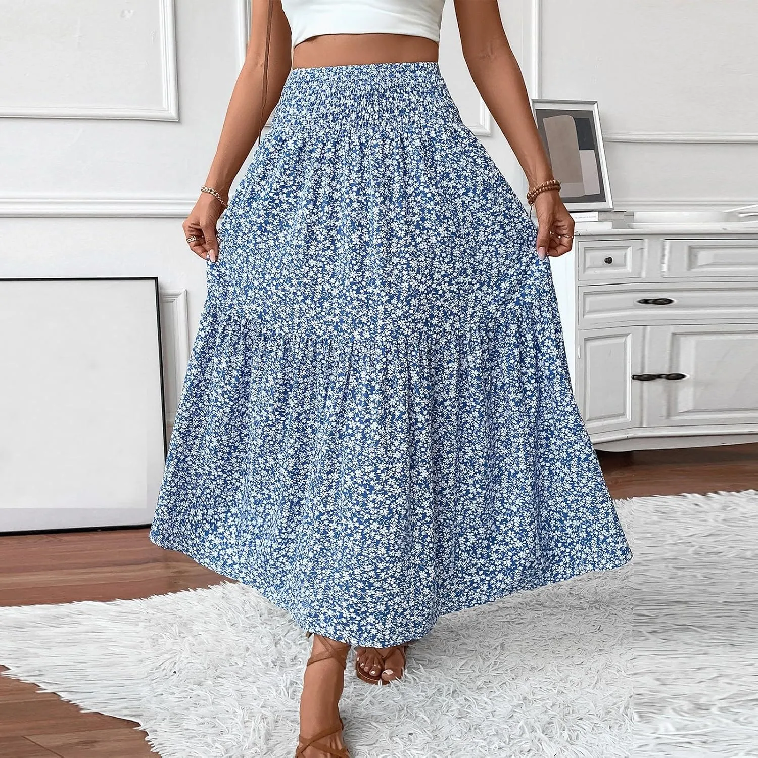 Maxi Skirts for Women with Pockets 2025 Summer Long High Elastic Waist Boho Flowy Ruffle A-Line Midi Length Floral Skirt