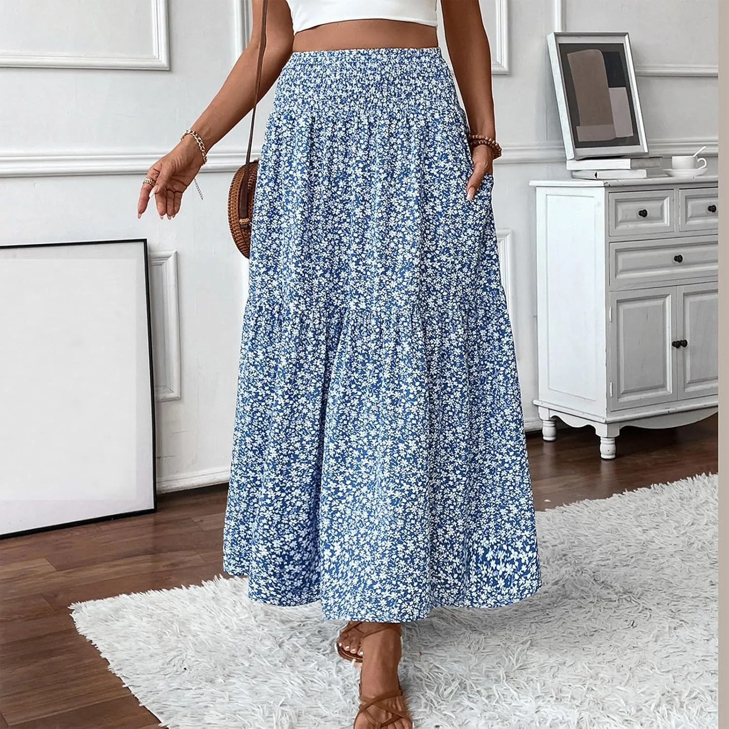 Maxi Skirts for Women with Pockets 2025 Summer Long High Elastic Waist Boho Flowy Ruffle A-Line Midi Length Floral Skirt