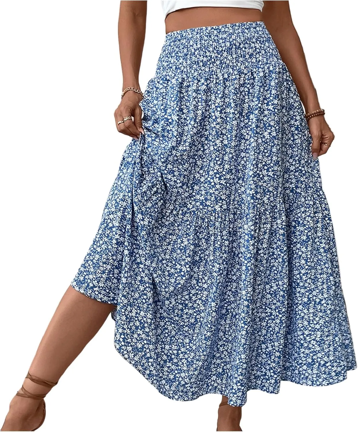 Maxi Skirts for Women with Pockets 2025 Summer Long High Elastic Waist Boho Flowy Ruffle A-Line Midi Length Floral Skirt