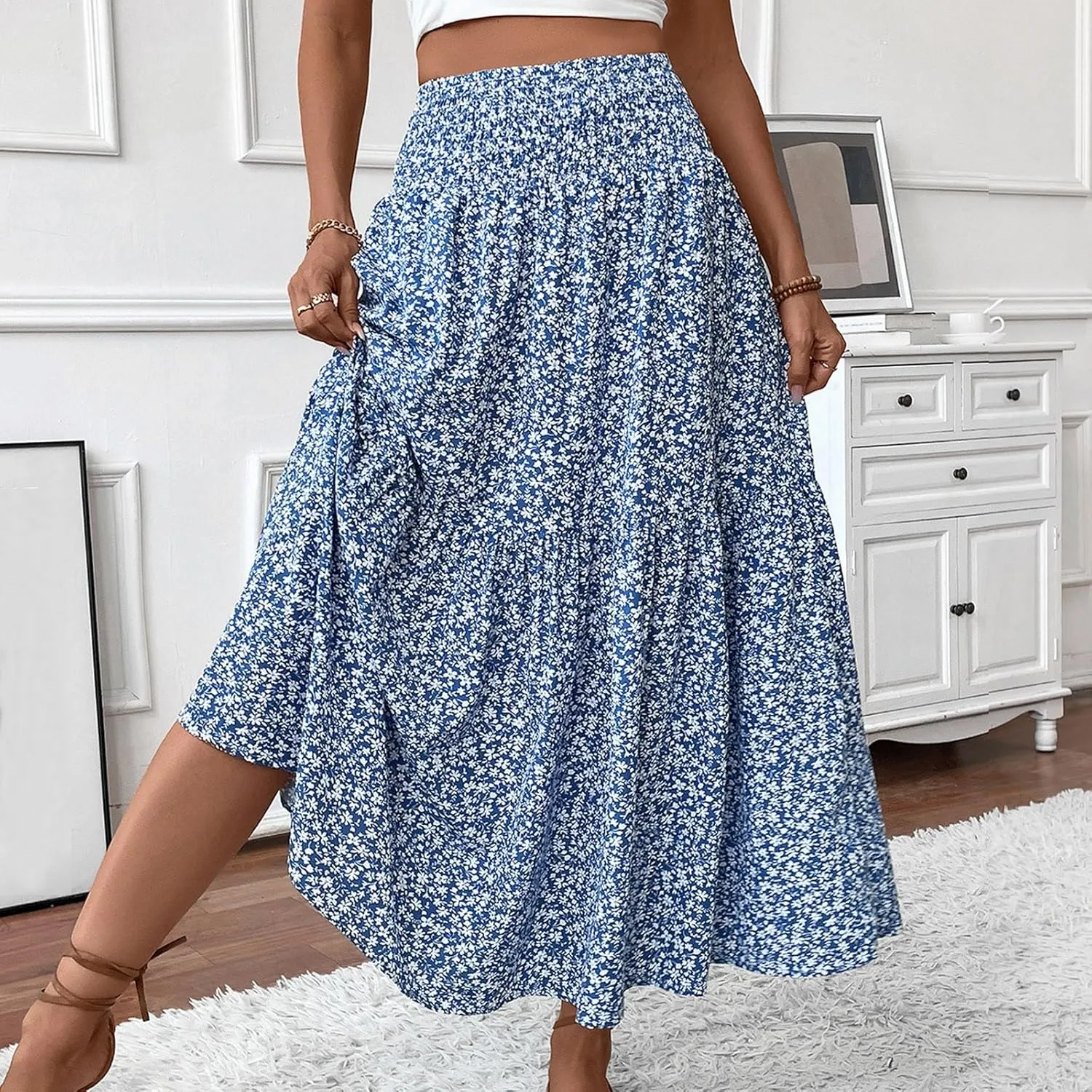 Maxi Skirts for Women with Pockets 2025 Summer Long High Elastic Waist Boho Flowy Ruffle A-Line Midi Length Floral Skirt