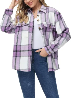 MCEDAR Women's Oversizes Plaid Shacket Jacket Casual Lapel Long Sleeve Button Down Plus Size Flannel Shirt (S-4X)