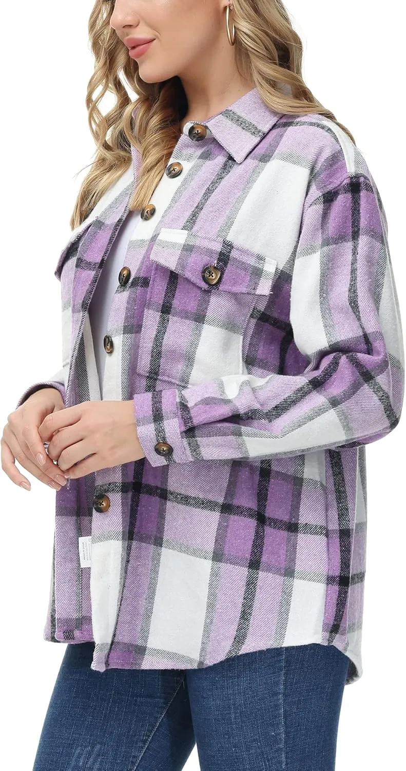 MCEDAR Women's Oversizes Plaid Shacket Jacket Casual Lapel Long Sleeve Button Down Plus Size Flannel Shirt (S-4X)