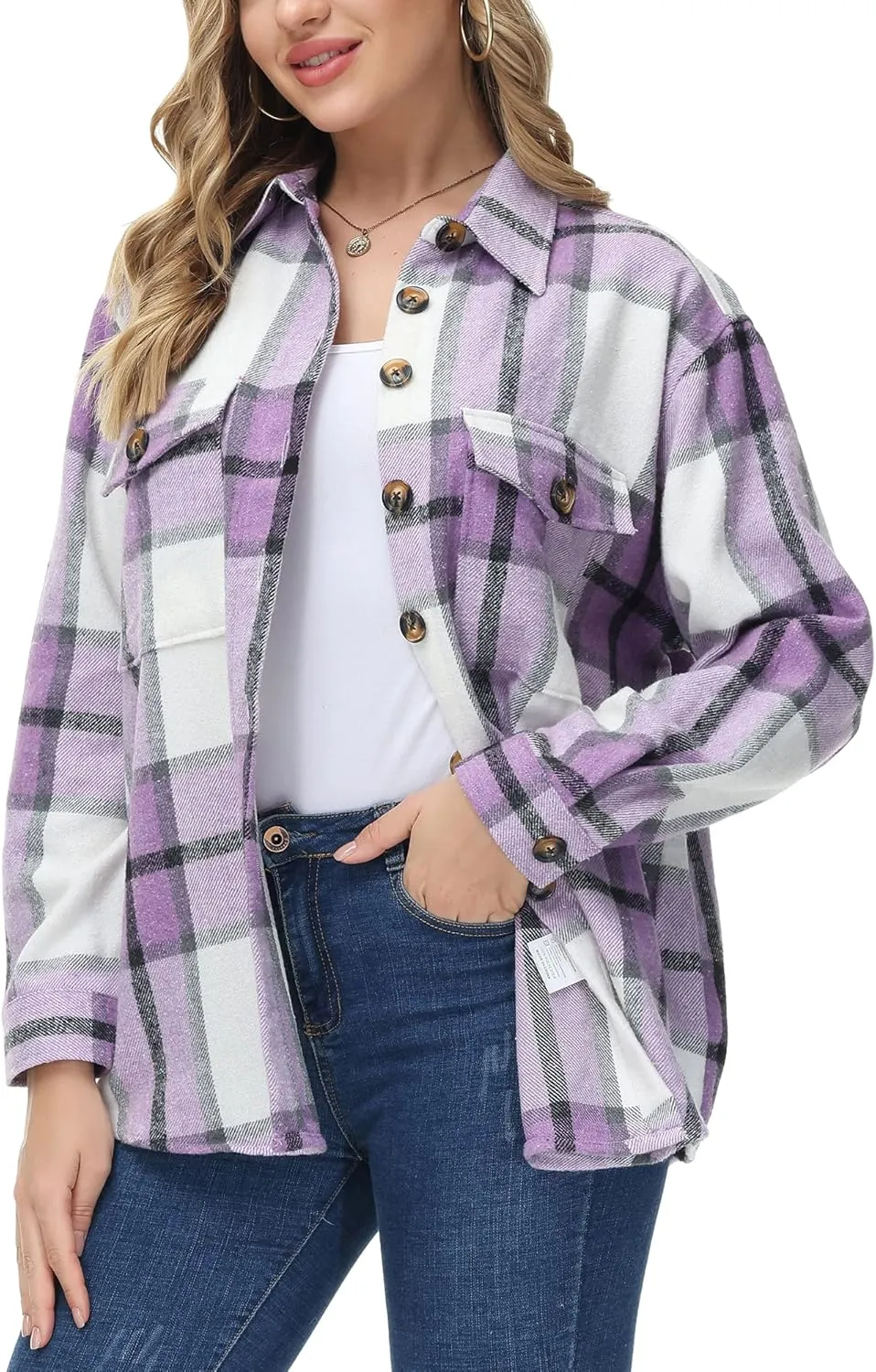 MCEDAR Women's Oversizes Plaid Shacket Jacket Casual Lapel Long Sleeve Button Down Plus Size Flannel Shirt (S-4X)
