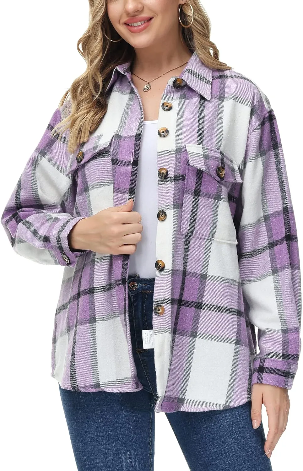 MCEDAR Women's Oversizes Plaid Shacket Jacket Casual Lapel Long Sleeve Button Down Plus Size Flannel Shirt (S-4X)