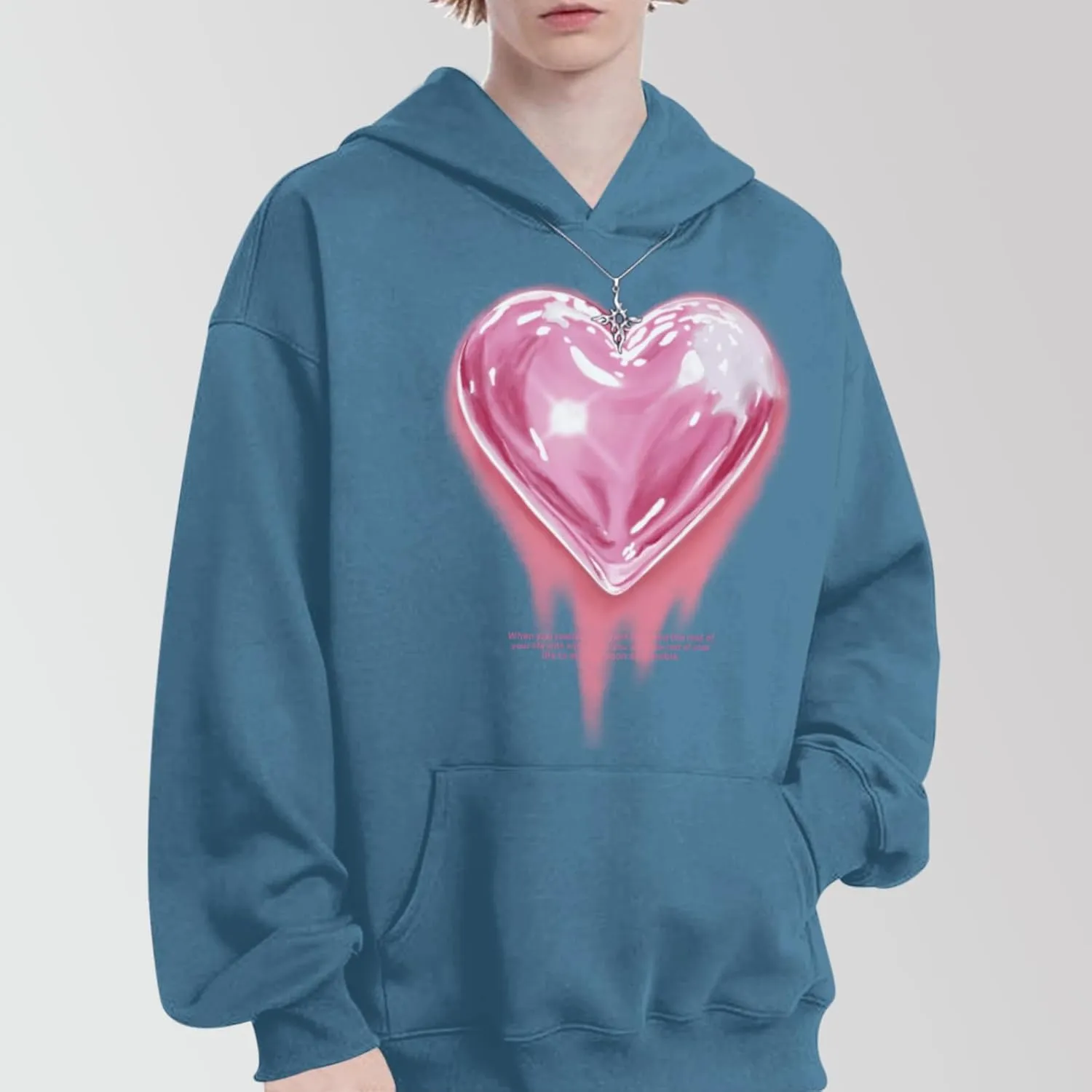 Mens Graphic Hoodies Heart Printed Vintage Streetwear Sweatshirt Aesthetic Design With Pockets Love Fleece Pullover