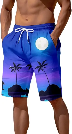 Mens Hawaiian Beach Shorts Drawstring Waist Short Pant Running Pants Jogging Lounge SweatShorts with Pockets Men Shorts Blue