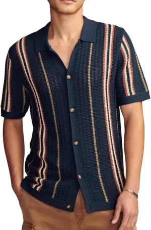 Men's Hollow Out Knit Cardigan Short Sleeve Striped Button Down Summer Casual Beach Shirts Tops