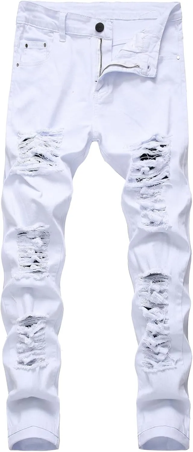 Men's Ripped Stacked Jeans for Men Skinny Stretch Distressed Slim Regular Fit Denim Pants