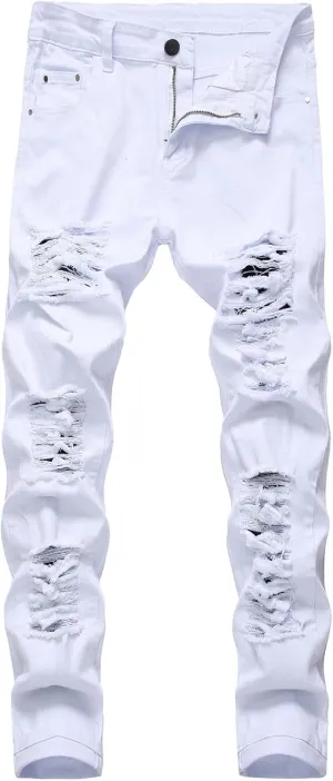 Men's Ripped Stacked Jeans for Men Skinny Stretch Distressed Slim Regular Fit Denim Pants