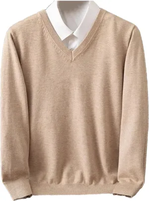 Merino Wool Sweater Men's V-Neck Pullover Tops Autumn Winter Solid Color Versatile Basic Sweater