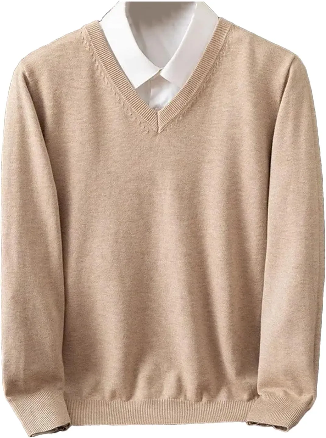 Merino Wool Sweater Men's V-Neck Pullover Tops Autumn Winter Solid Color Versatile Basic Sweater