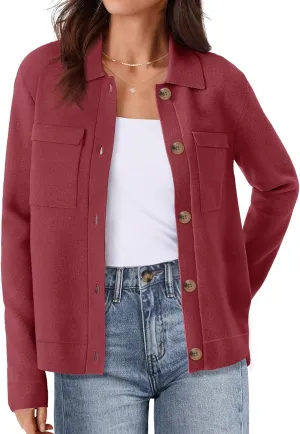 MEROKEETY Women's Long Sleeve Cardigan Sweaters Open Front Button Knit Shacket Jacket with Pockets