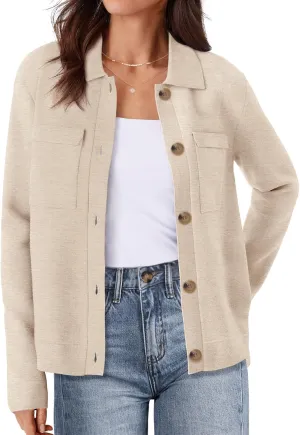 MEROKEETY Women's Long Sleeve Cardigan Sweaters Open Front Button Knit Shacket Jacket with Pockets