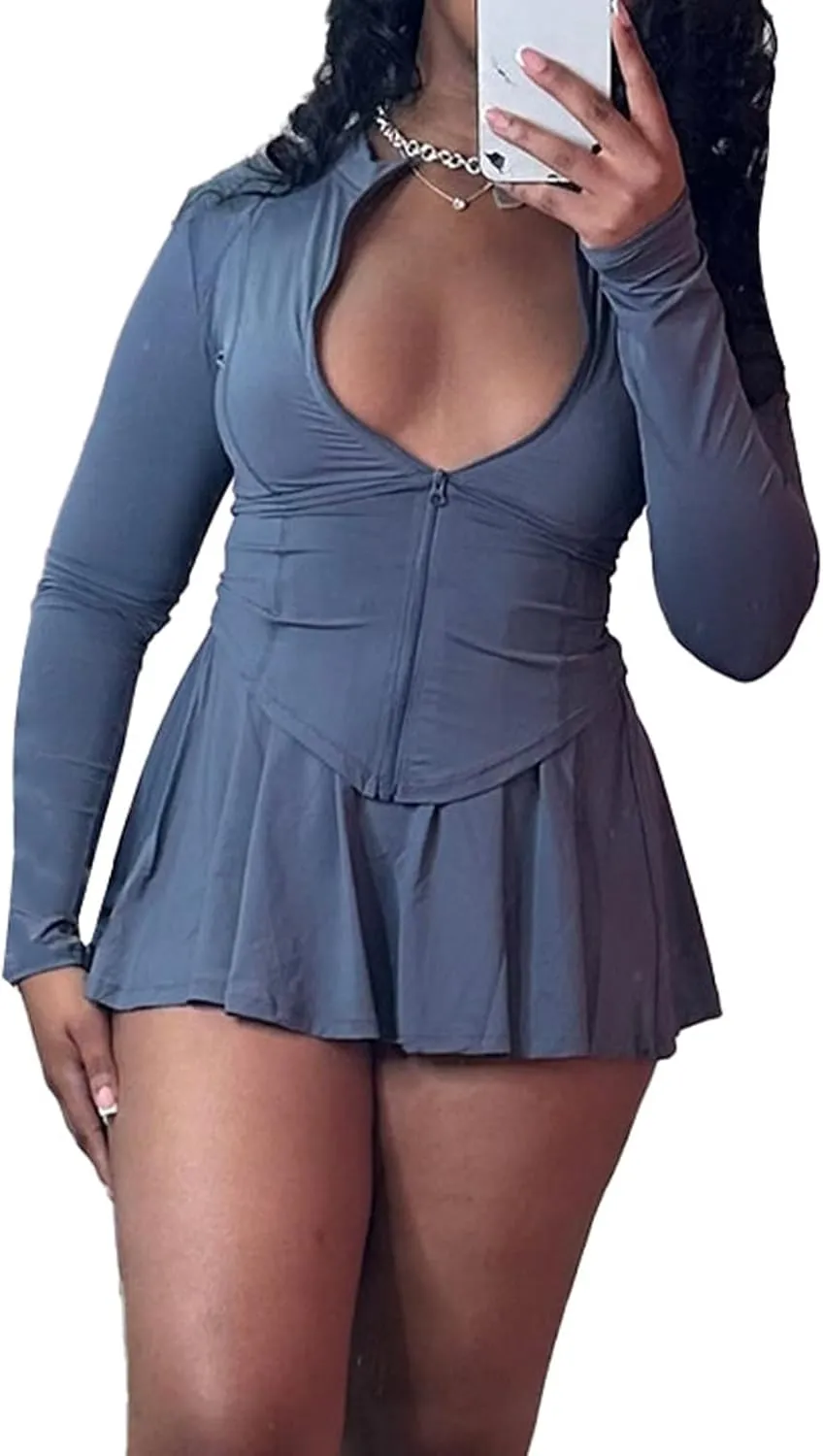 Molilove Sexy 2 Piece Skirt Sets for Women Long Sleeve Zipper Jacket Pleated Mini Dress with Shorts Tennis Workout Outfits