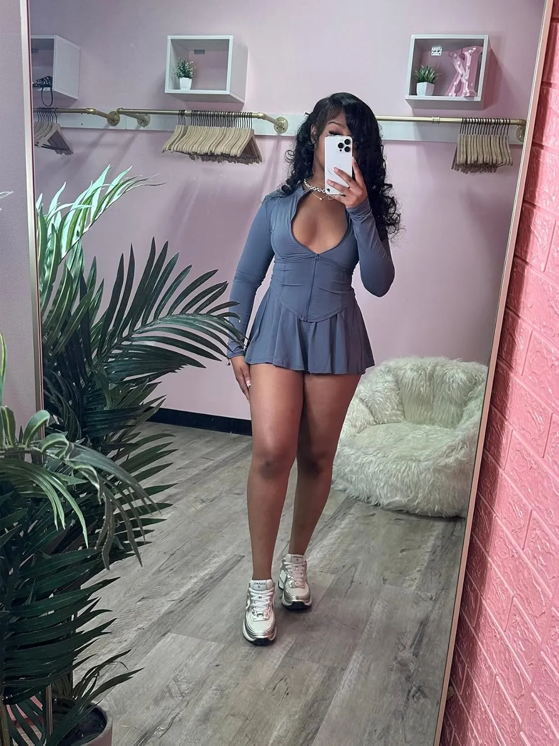 Molilove Sexy 2 Piece Skirt Sets for Women Long Sleeve Zipper Jacket Pleated Mini Dress with Shorts Tennis Workout Outfits