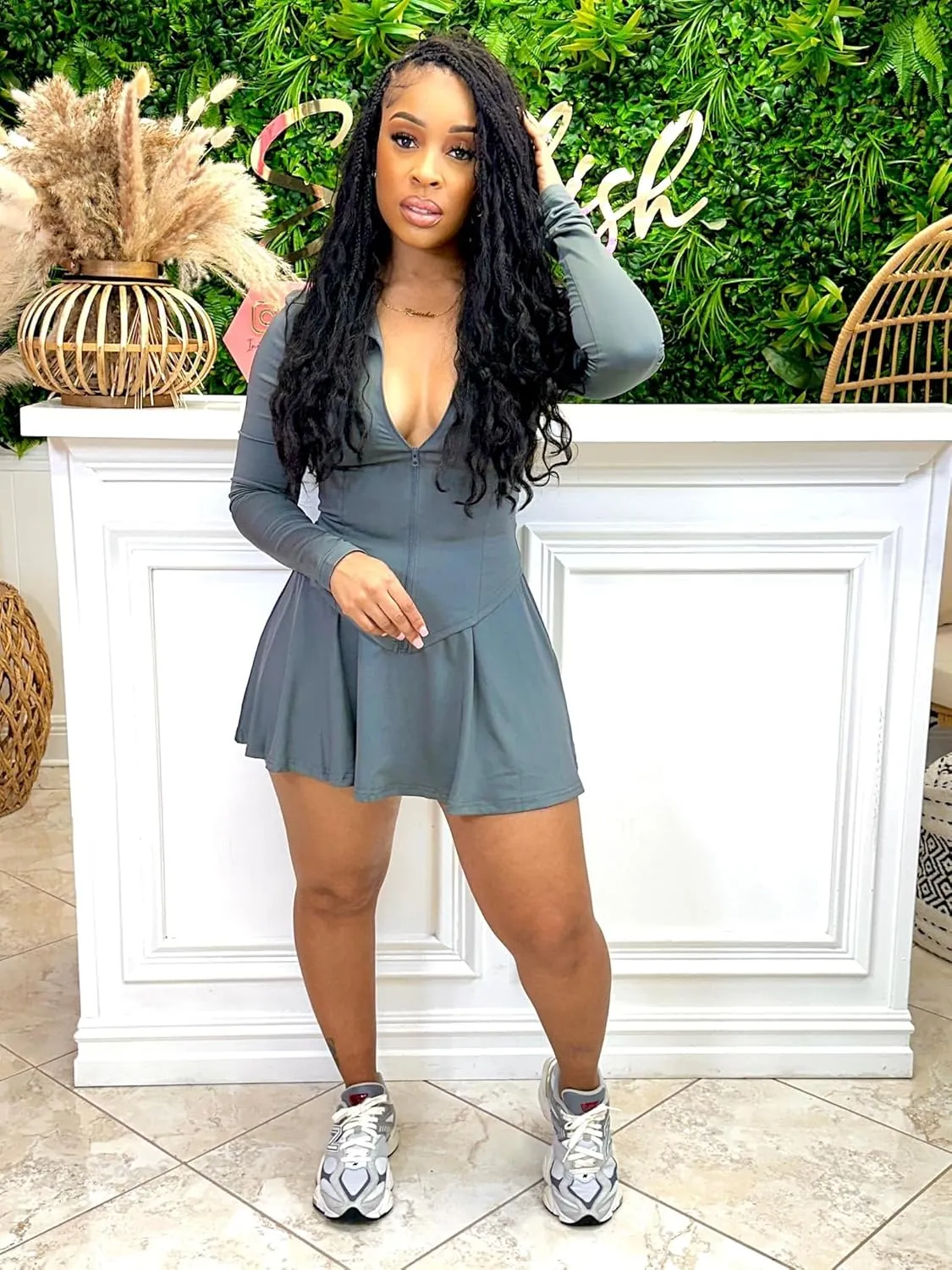 Molilove Sexy 2 Piece Skirt Sets for Women Long Sleeve Zipper Jacket Pleated Mini Dress with Shorts Tennis Workout Outfits