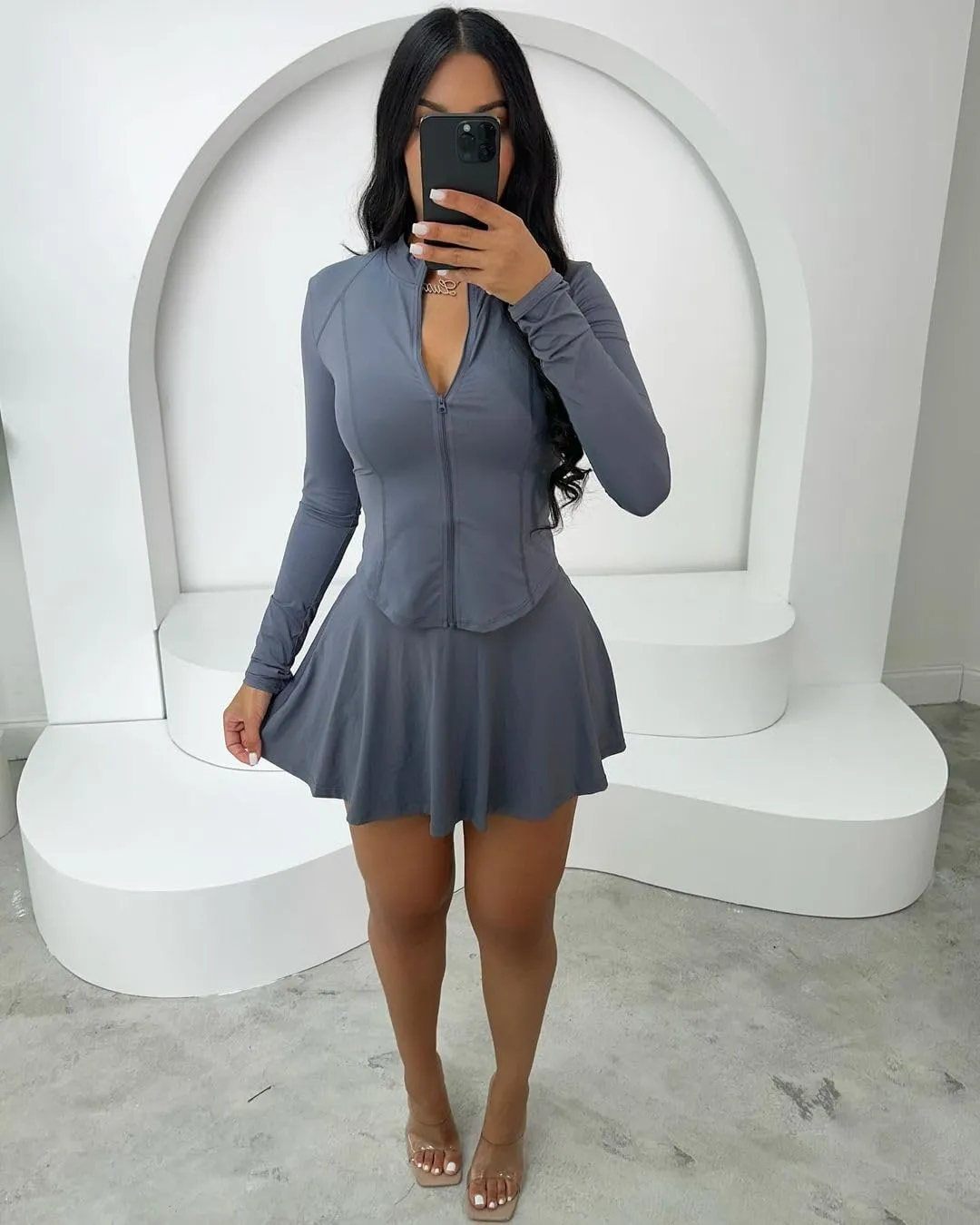 Molilove Sexy 2 Piece Skirt Sets for Women Long Sleeve Zipper Jacket Pleated Mini Dress with Shorts Tennis Workout Outfits