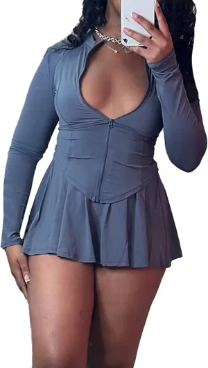 Molilove Sexy 2 Piece Skirt Sets for Women Long Sleeve Zipper Jacket Pleated Mini Dress with Shorts Tennis Workout Outfits