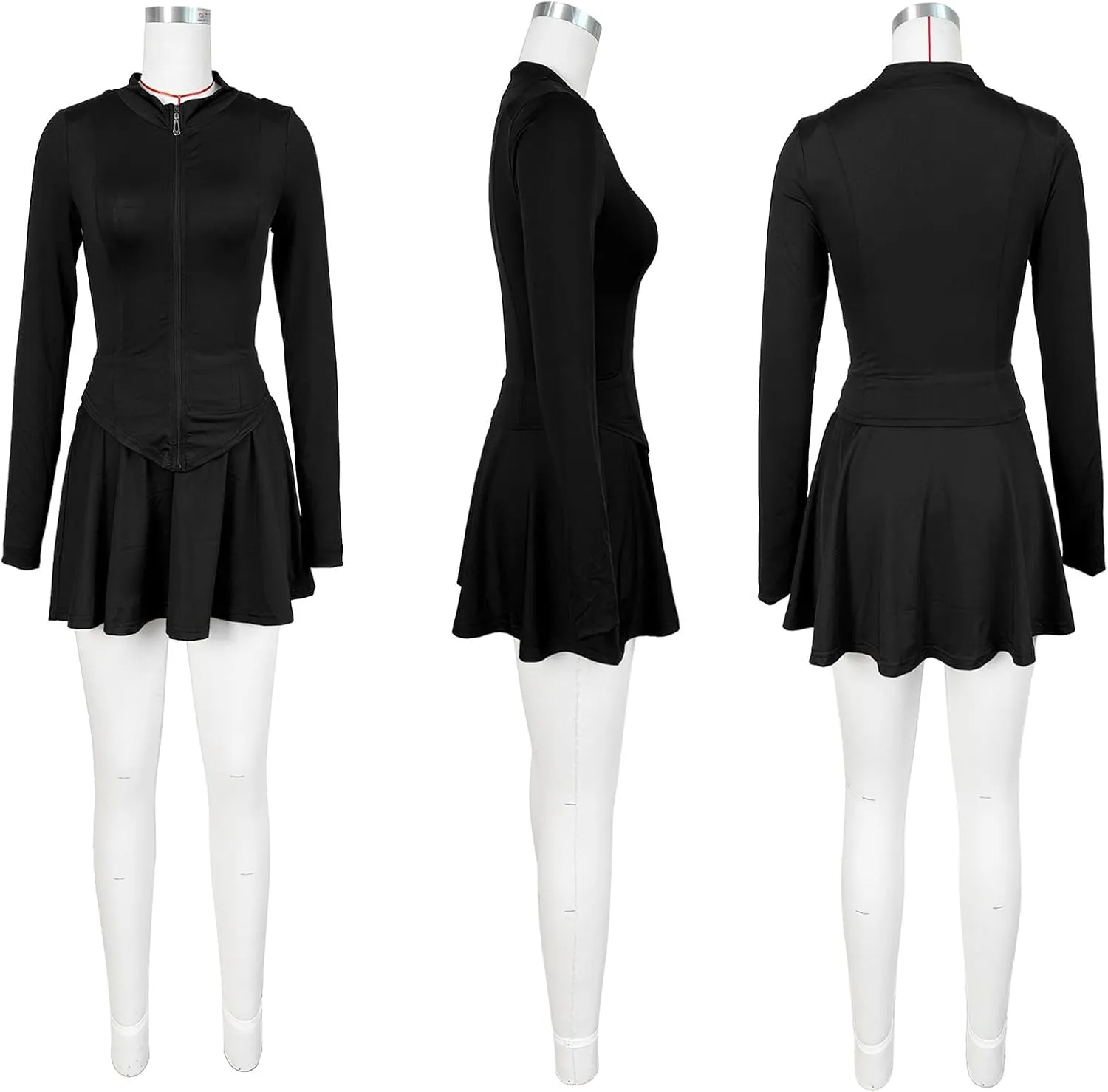 Molilove Sexy 2 Piece Skirt Sets for Women Long Sleeve Zipper Jacket Pleated Mini Dress with Shorts Tennis Workout Outfits