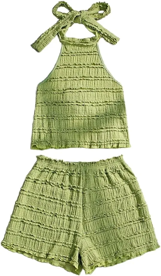Molilove Womens Summer Knit 2 Piece Outfits Halter Tops Elastic Waist Shorts Summer Soft Stretch Tracksuit Beach Sweater Set