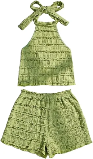 Molilove Womens Summer Knit 2 Piece Outfits Halter Tops Elastic Waist Shorts Summer Soft Stretch Tracksuit Beach Sweater Set
