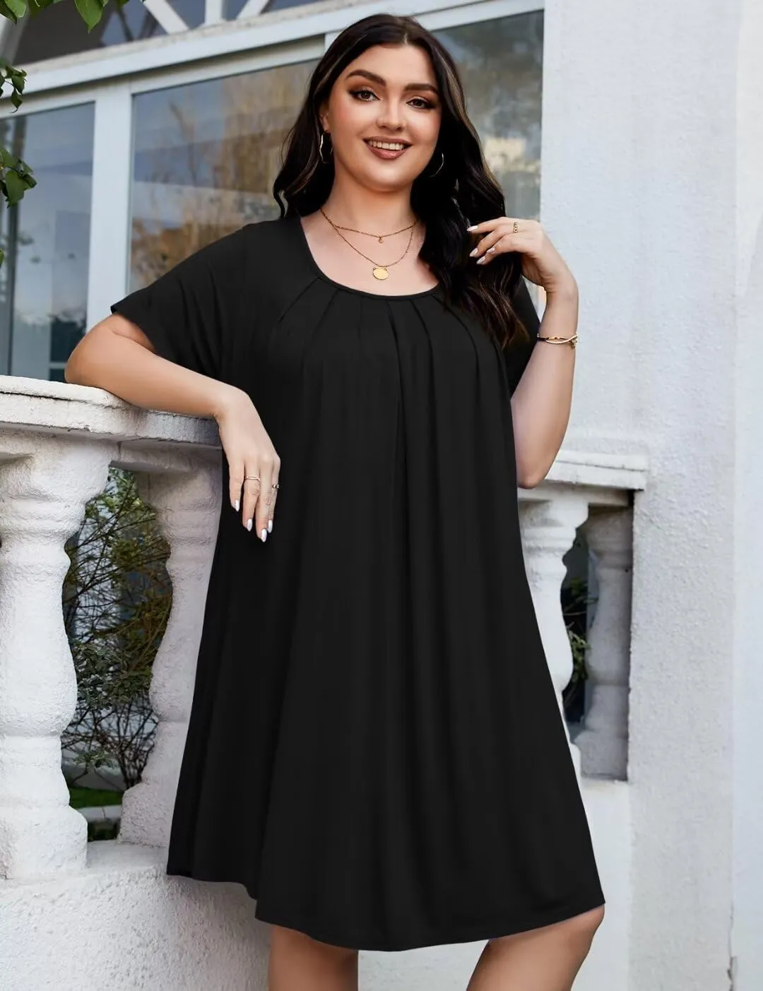 MONNURO Womens Plus Size Summer Dresses Casual Pleated Front Short Sleeve Swing Tunic Tshirt Dress with Pockets