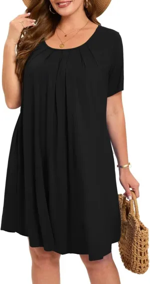 MONNURO Womens Plus Size Summer Dresses Casual Pleated Front Short Sleeve Swing Tunic Tshirt Dress with Pockets