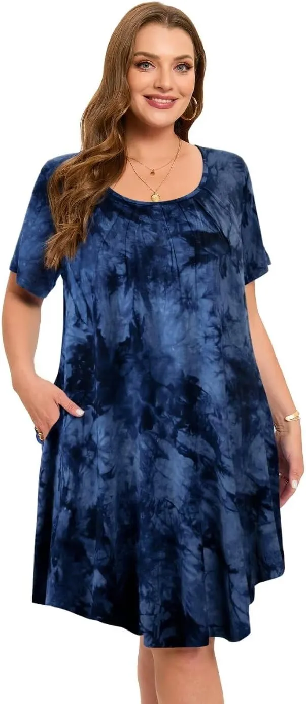 MONNURO Womens Plus Size Summer Dresses Casual Pleated Front Short Sleeve Swing Tunic Tshirt Dress with Pockets