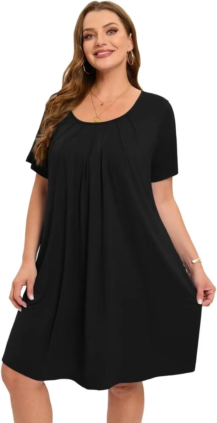 MONNURO Womens Plus Size Summer Dresses Casual Pleated Front Short Sleeve Swing Tunic Tshirt Dress with Pockets
