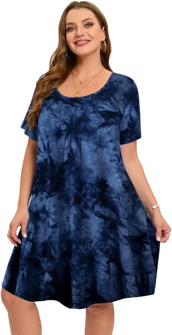 MONNURO Womens Plus Size Summer Dresses Casual Pleated Front Short Sleeve Swing Tunic Tshirt Dress with Pockets