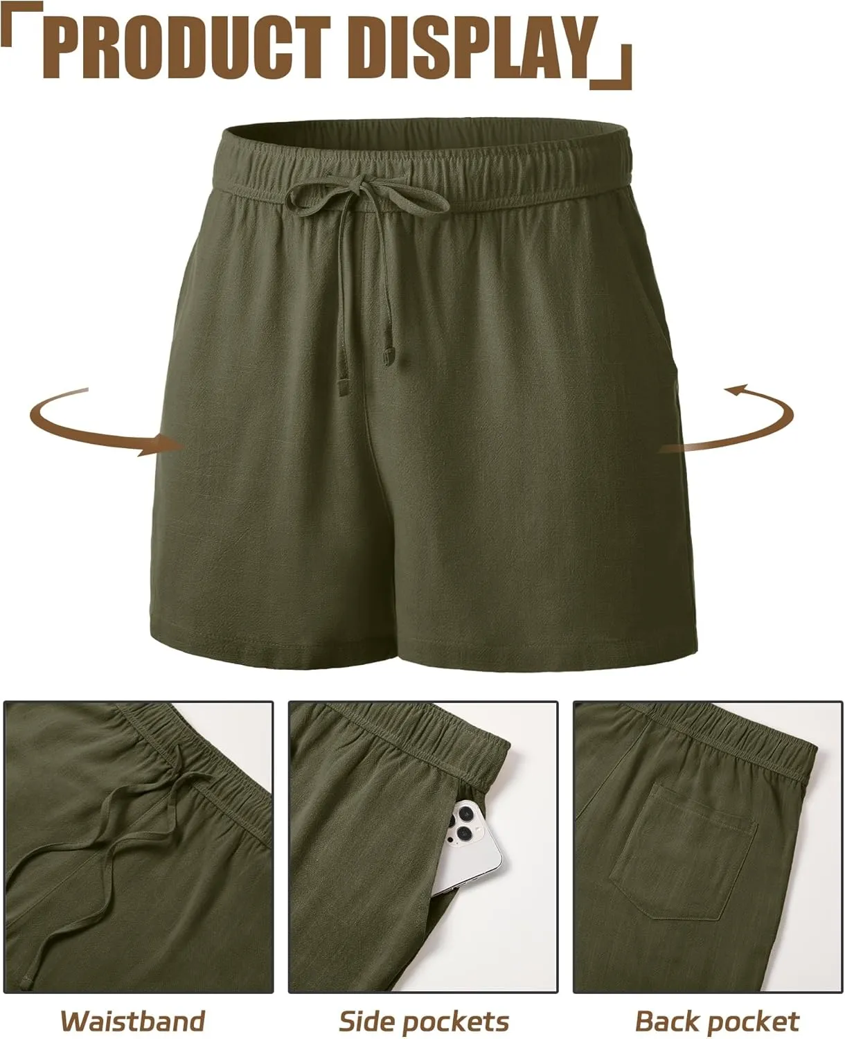 Neer 3 Pack Men's Linen Shorts Casual Cotton Lightweight Elastic Waist Drawstring Summer Shorts with Pockets