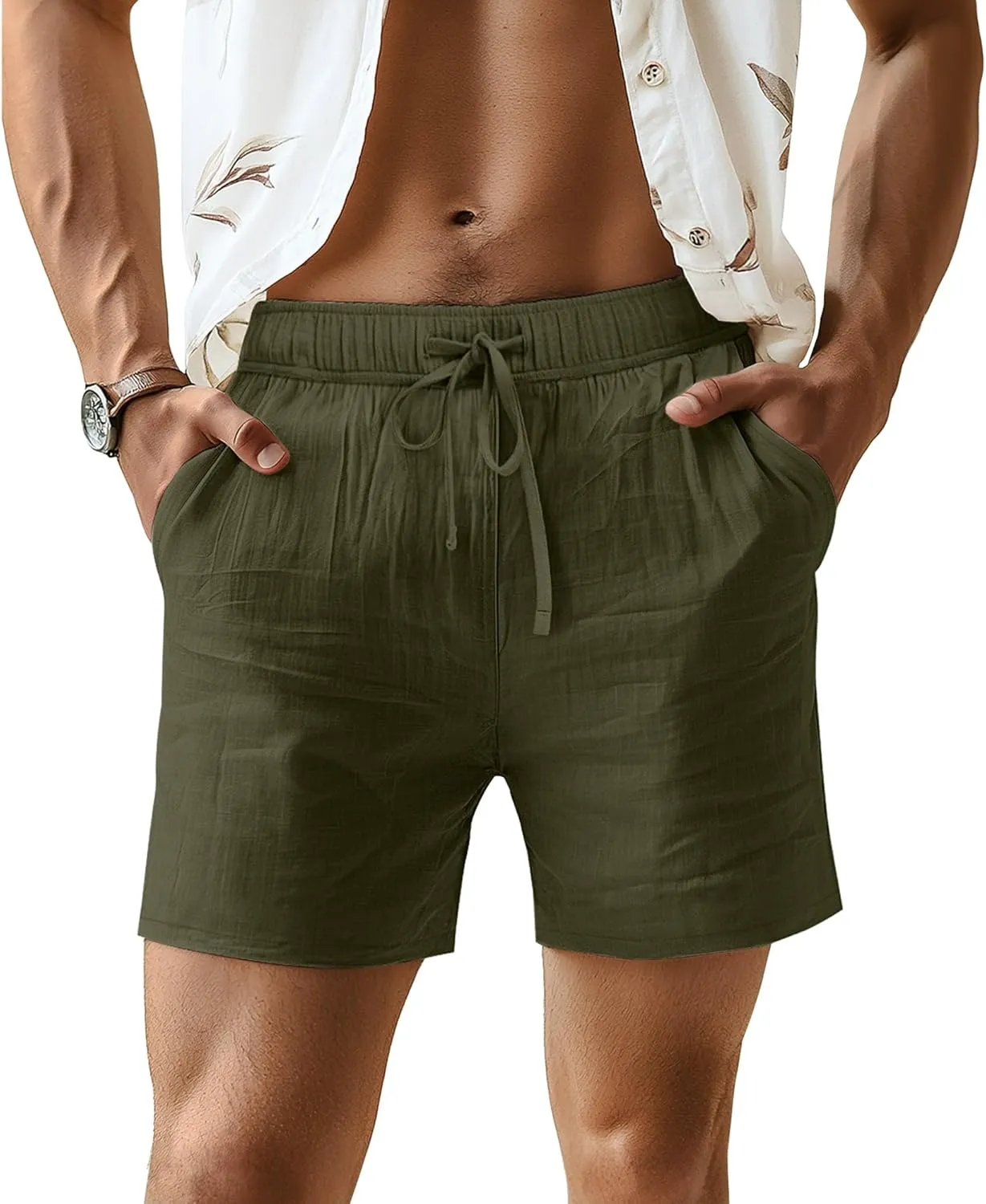 Neer 3 Pack Men's Linen Shorts Casual Cotton Lightweight Elastic Waist Drawstring Summer Shorts with Pockets