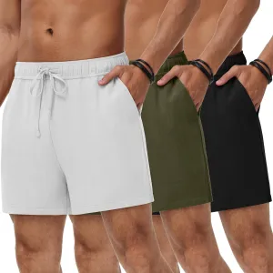 Neer 3 Pack Men's Linen Shorts Casual Cotton Lightweight Elastic Waist Drawstring Summer Shorts with Pockets