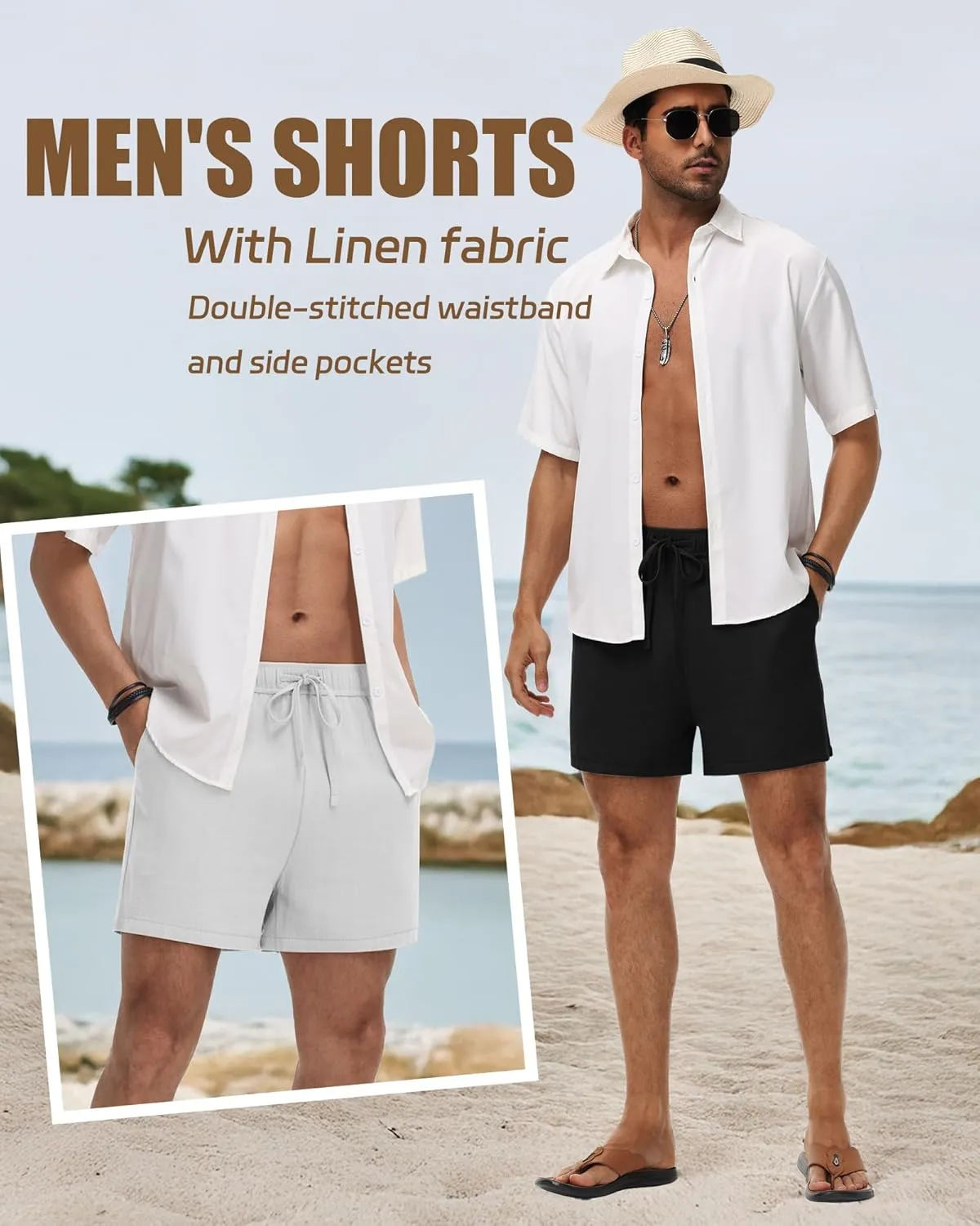 Neer 3 Pack Men's Linen Shorts Casual Cotton Lightweight Elastic Waist Drawstring Summer Shorts with Pockets