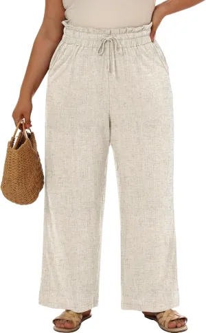 Neer Women's Plus Size Linen Pants High Waist Wide Leg Casual Drawstring Loose Straight Palazzo Pants with Pockets